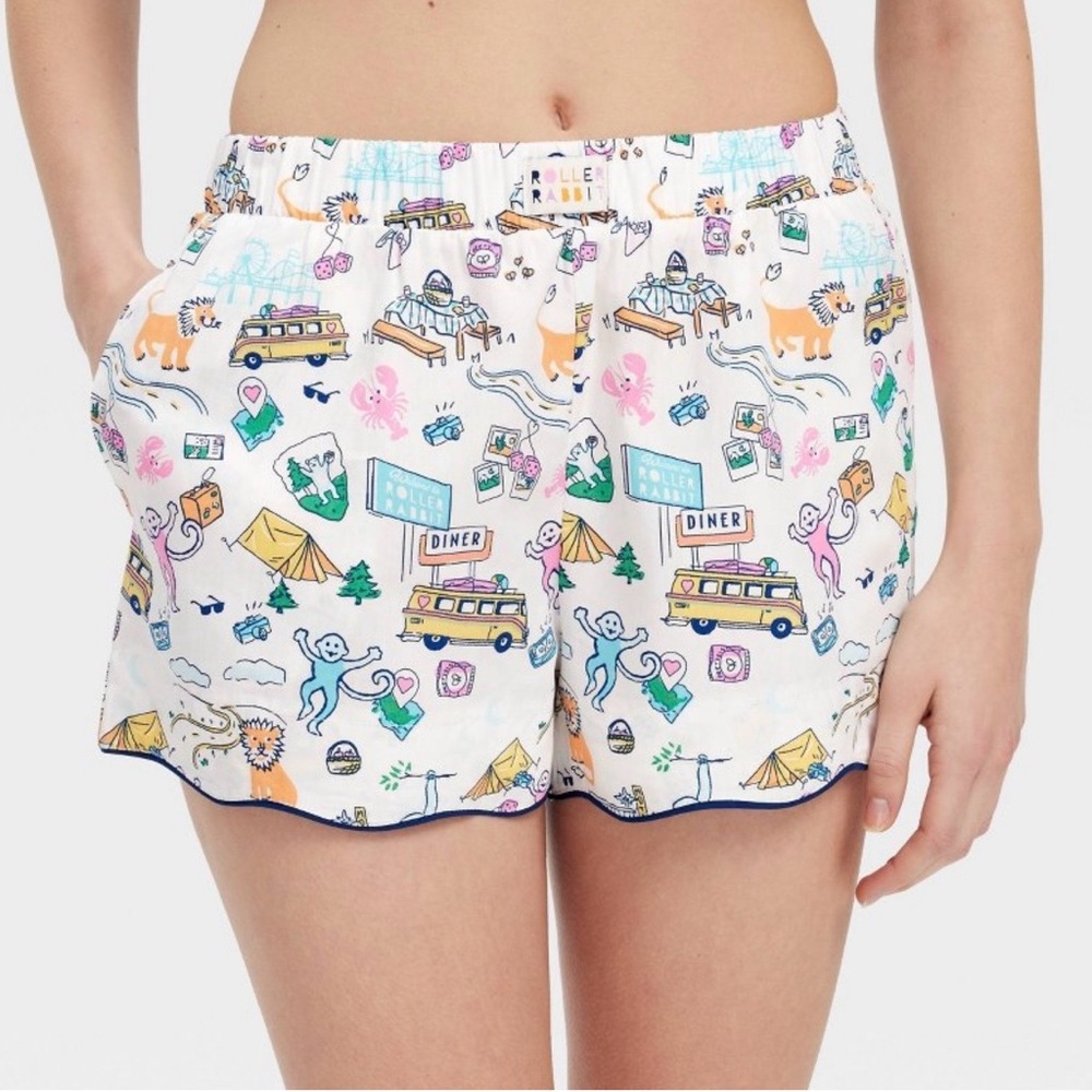 Roller Rabbit White Printed Cotton Lounge Shorts with Multicolor Travel Motifs